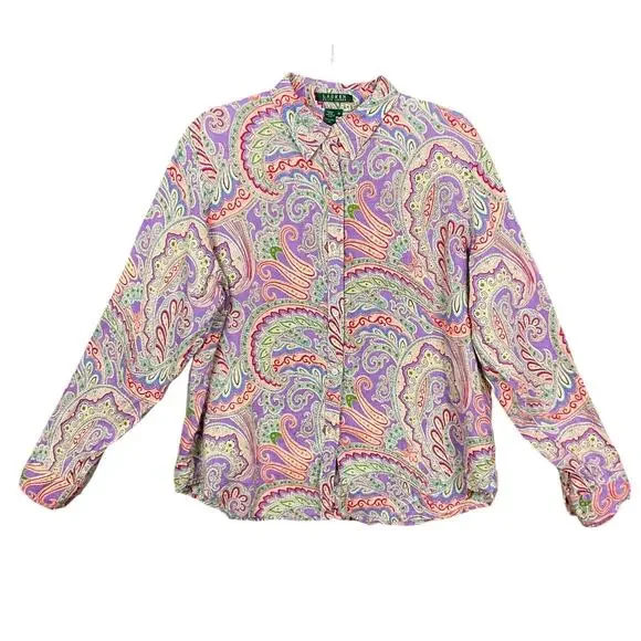 LAUREN RALPH LAUREN Shirt Top Linen Paisley Print Art ColorButton Up Down XL - Picture 2 of 12